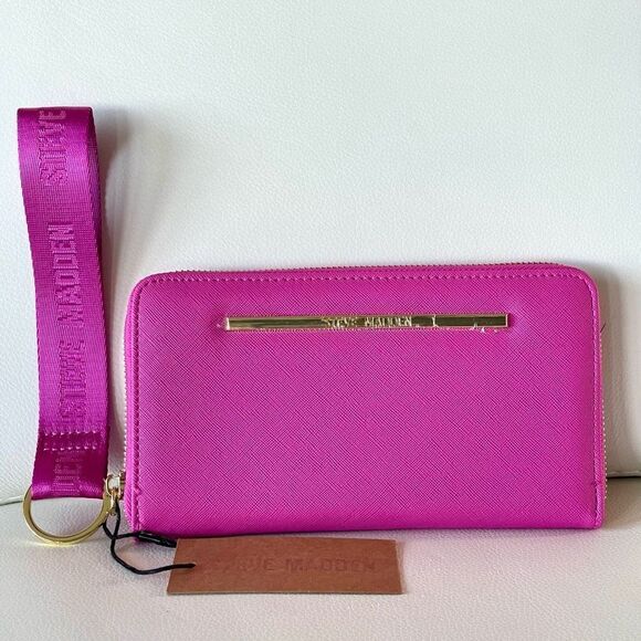 NWT Steve Madden BZIPWEB Hot Pink/Gold Zip Around Wallet Colors Guitar Wristlet - Picture 1 of 12